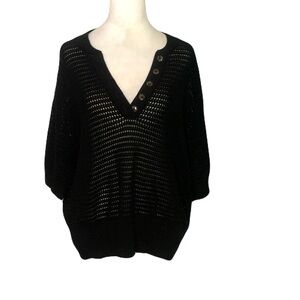 Varley Women’s XL Black Open-Knit V-Neck Sweater Callia Top with Button Details